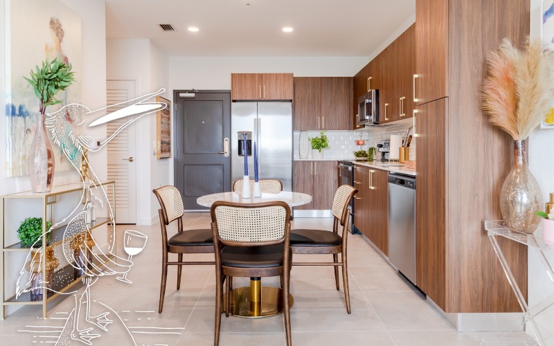 kitchen with wood cabinets and a dining room table