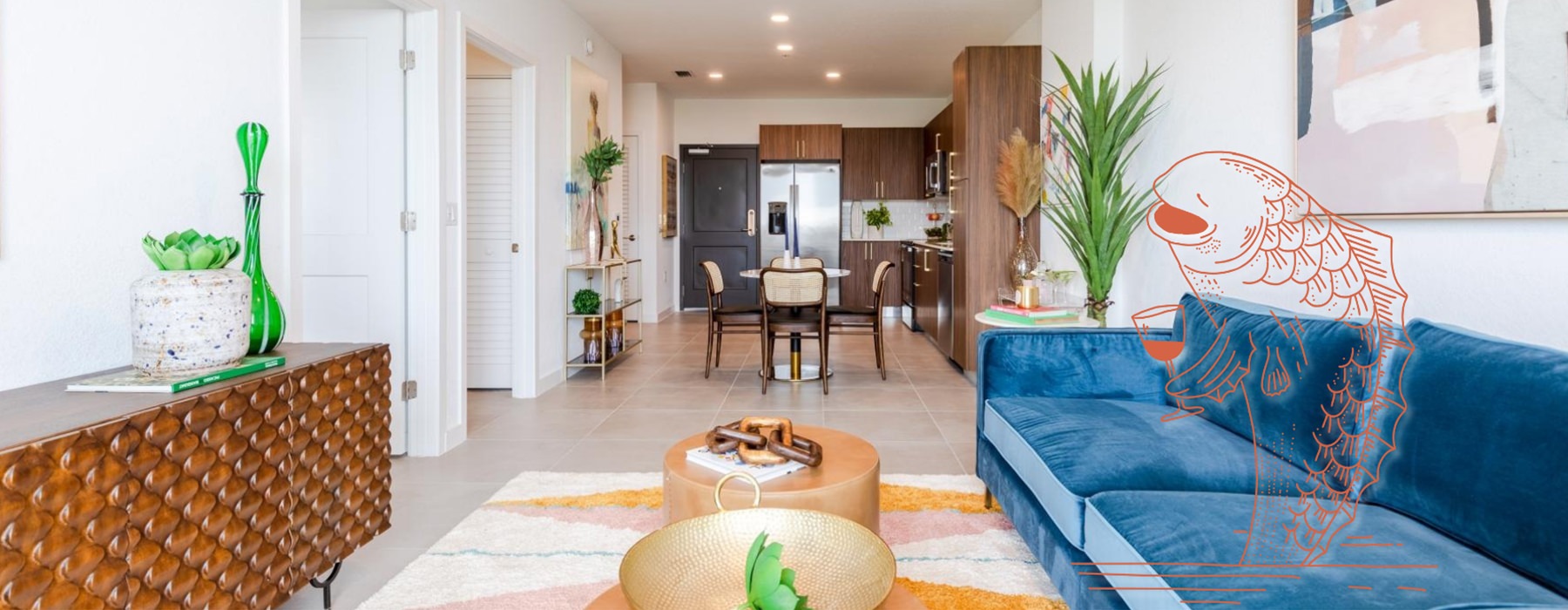 a living room with a couch and a table