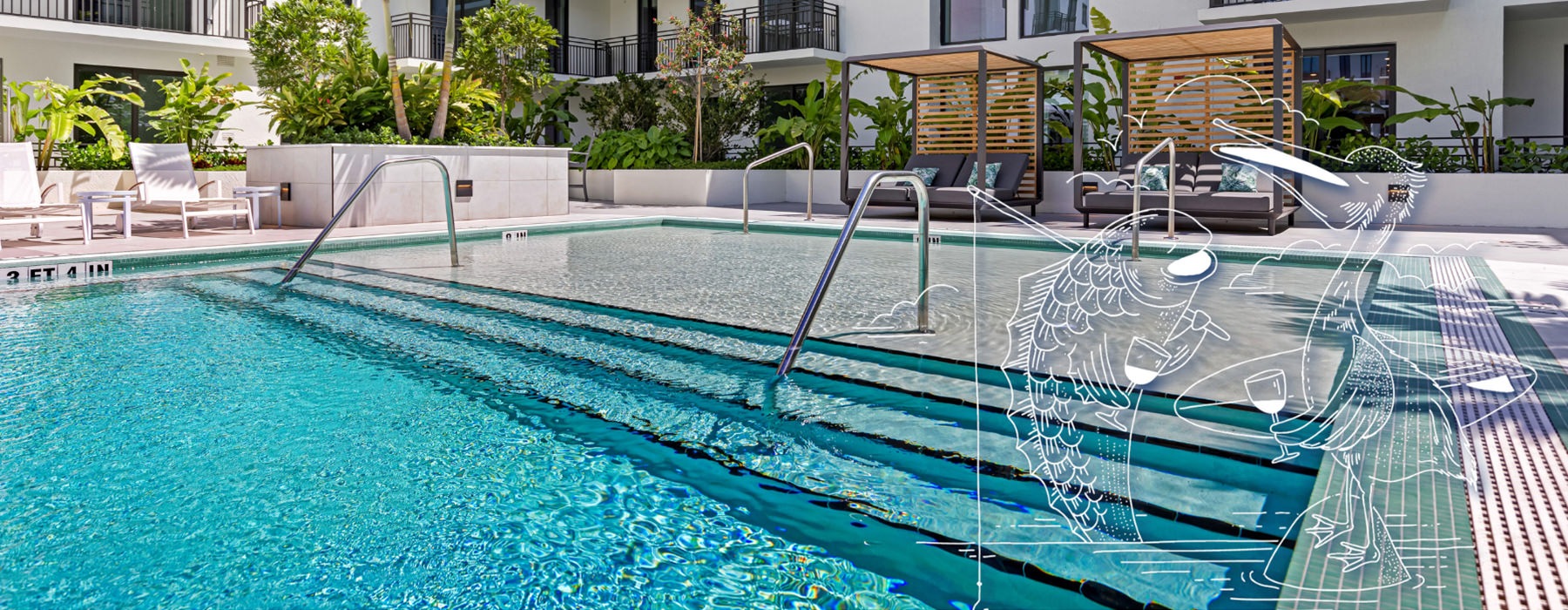 a swimming pool with chairs and umbrellas next to a building