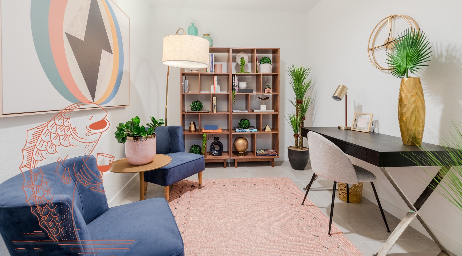 an office room with a chair, table and a bookshelf
