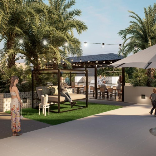 people standing in a courtyard