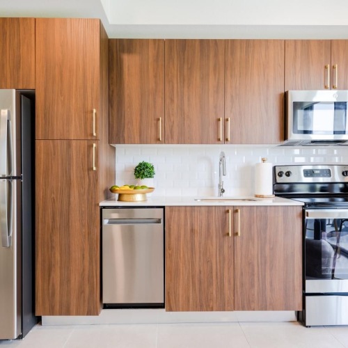 a kitchen with stainless steel appliances